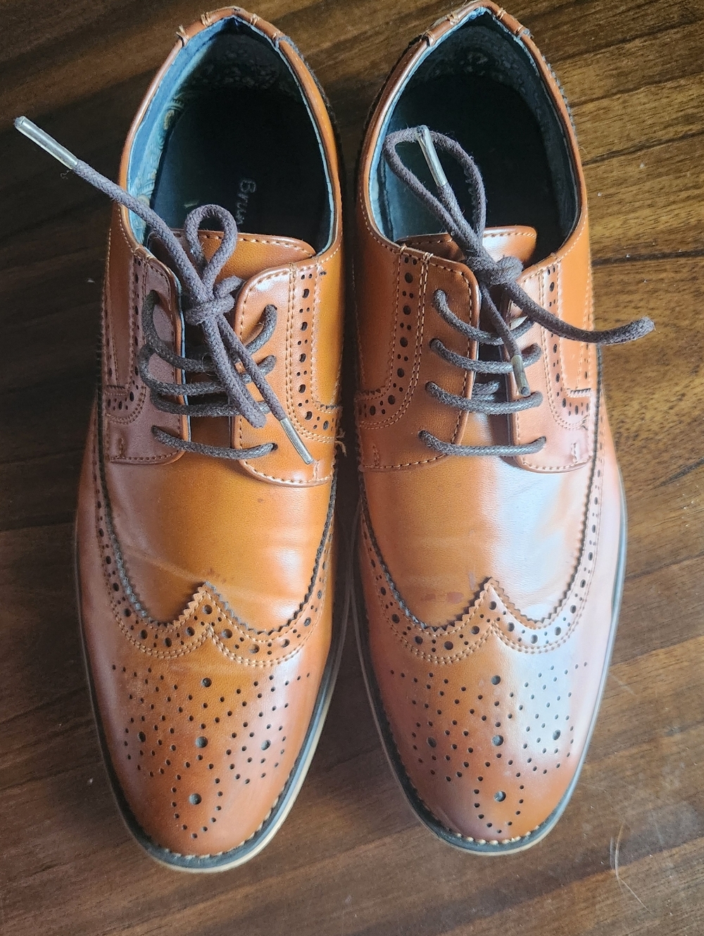 Men's Cognac Leather Wingtip Oxfords. Bruno Marc. Brown size 7 dress shoes - Picture 4 of 12